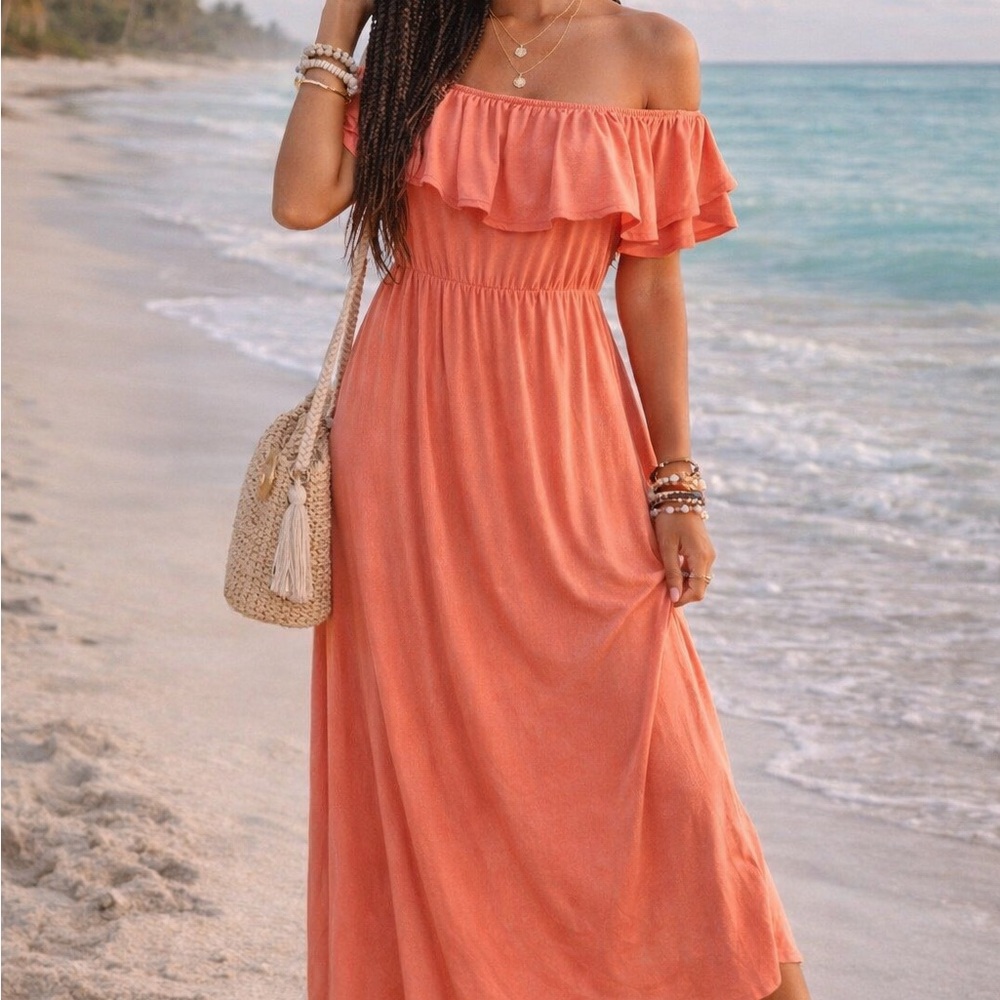 Coral Off Shoulder Midi Dress Womens Small Boho Ruffle Neck Stretch Derby